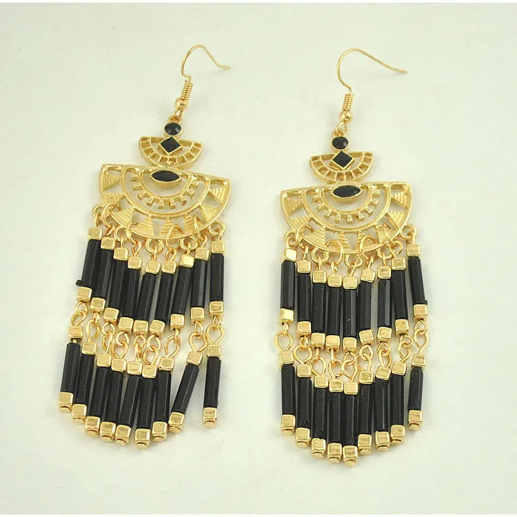 Ethnic Style Exaggerated Long Tassel Earrings Bohemian Fan Shaped Openwork Flower Earrings