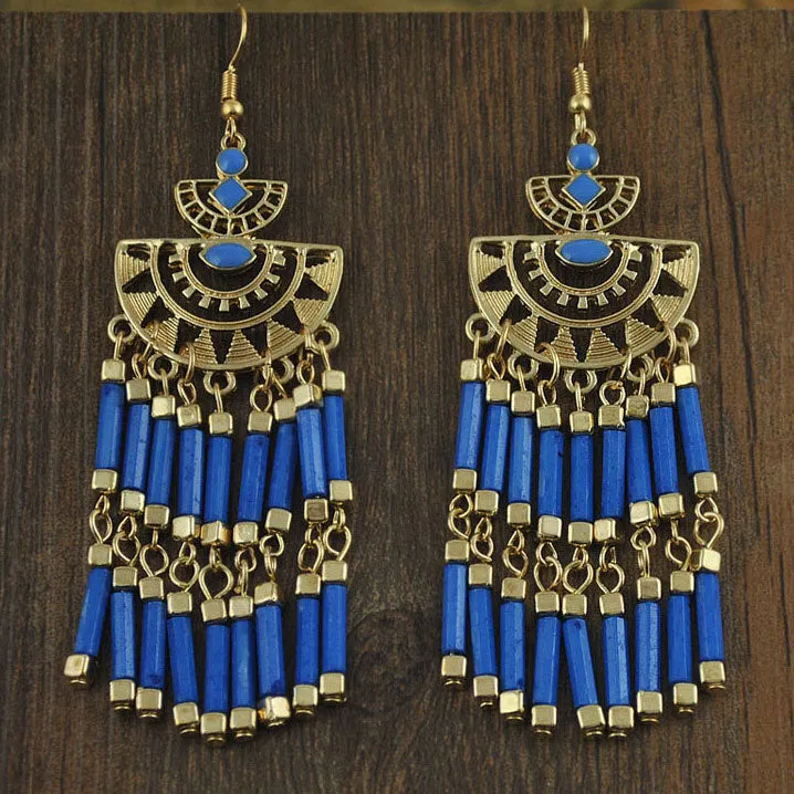 Ethnic Style Exaggerated Long Tassel Earrings Bohemian Fan Shaped Openwork Flower Earrings