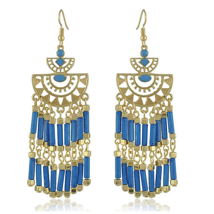 Ethnic Style Exaggerated Long Tassel Earrings Bohemian Fan Shaped Openwork Flower Earrings
