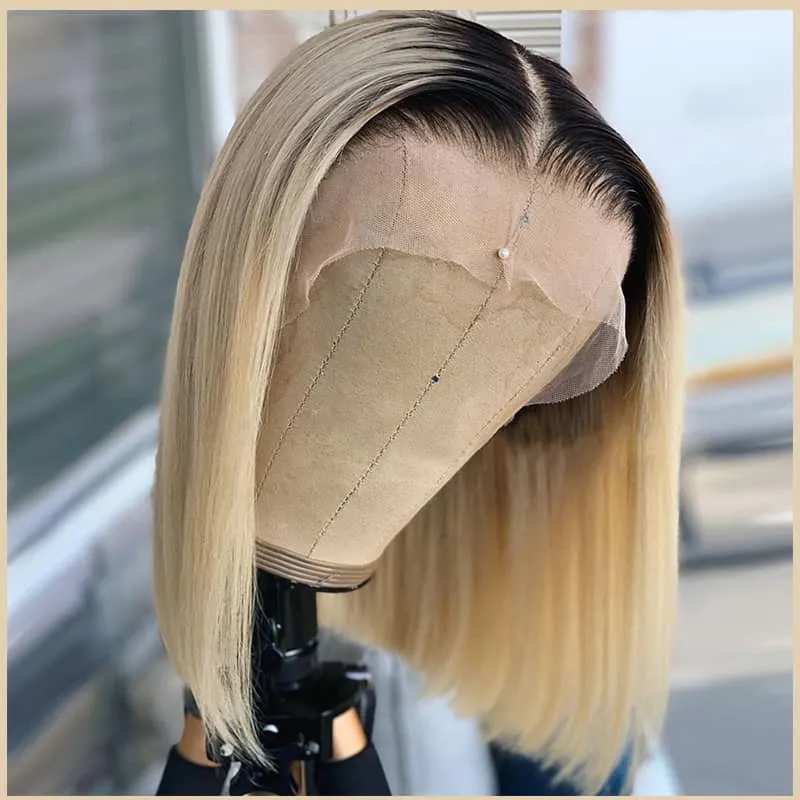 Fabulous Ombre Blonde Color Bob Short Hair Transparent Lace Wig