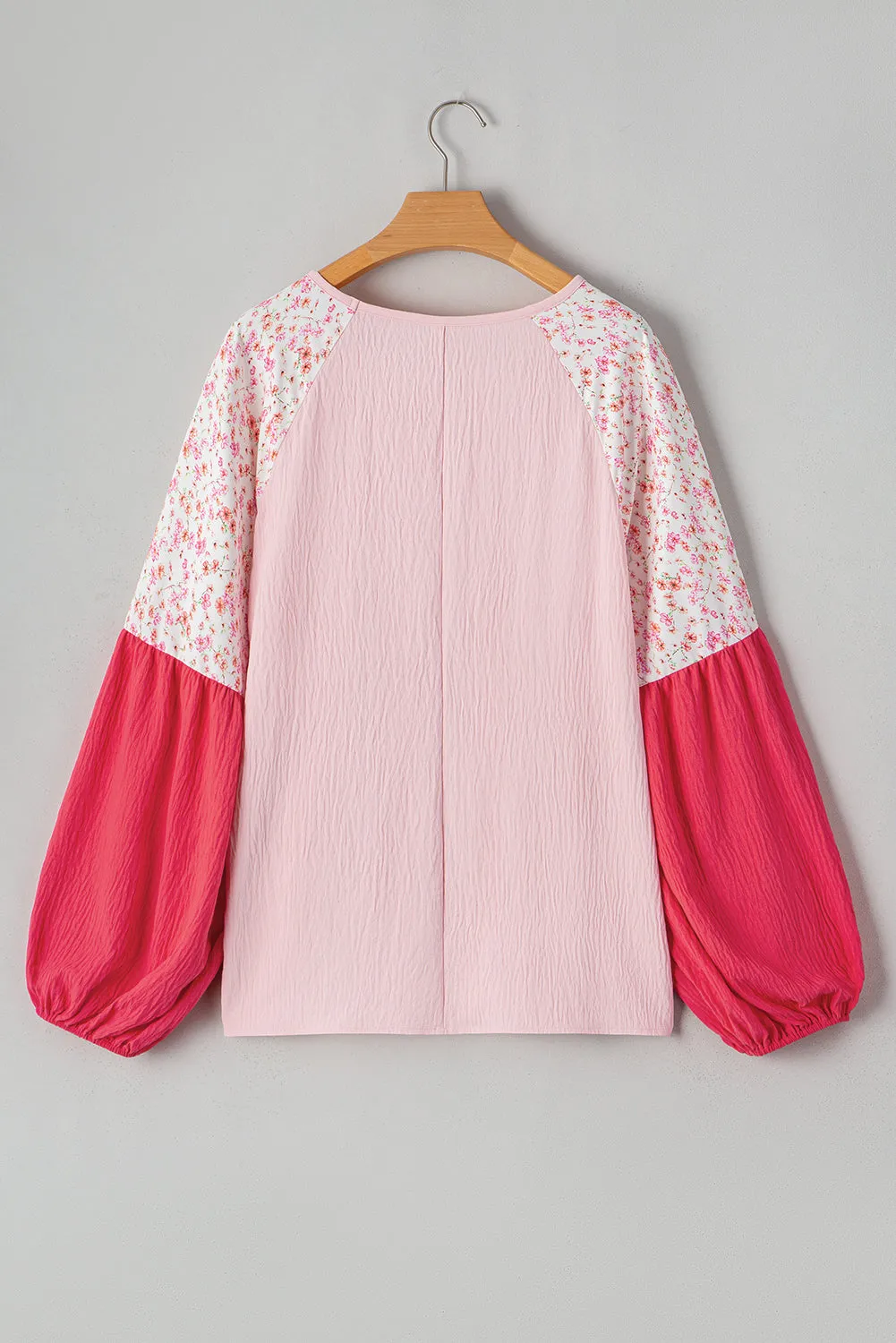 Floral Patchwork Long Sleeve Crinkle Plus Size Blouse