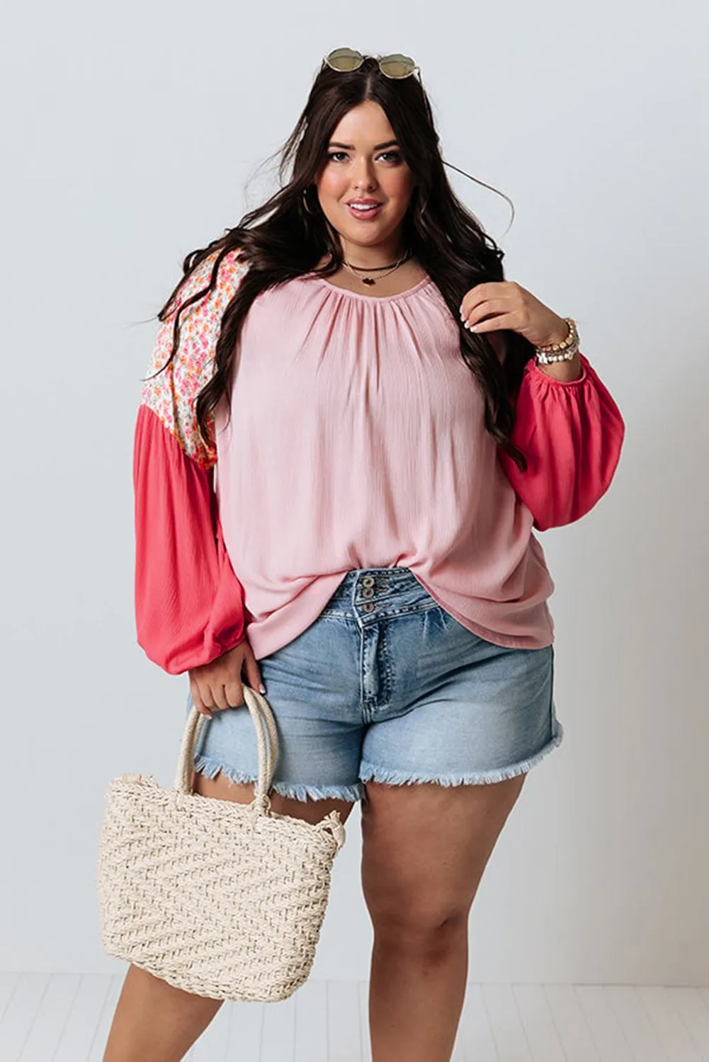 Floral Patchwork Long Sleeve Crinkle Plus Size Blouse