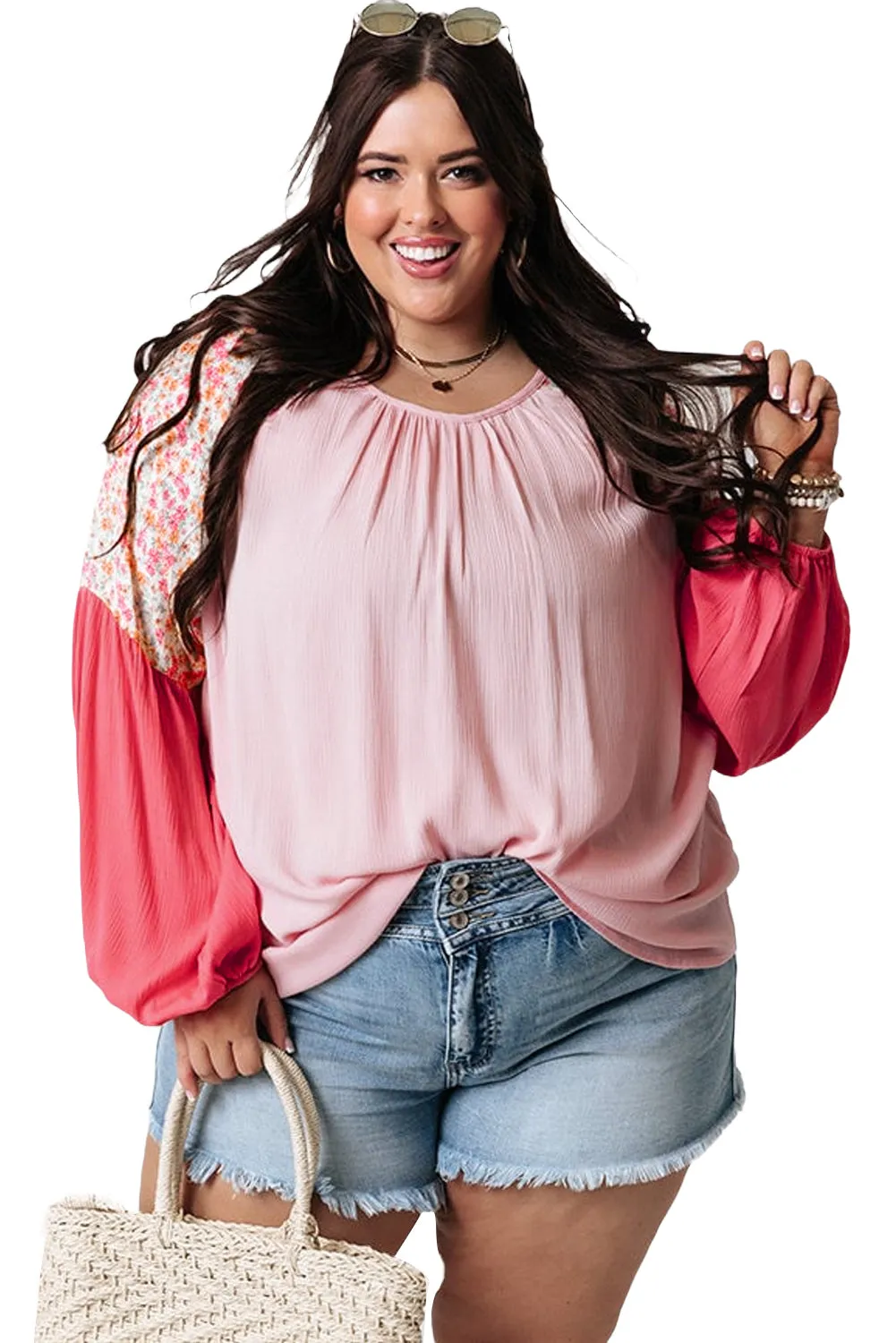 Floral Patchwork Long Sleeve Crinkle Plus Size Blouse