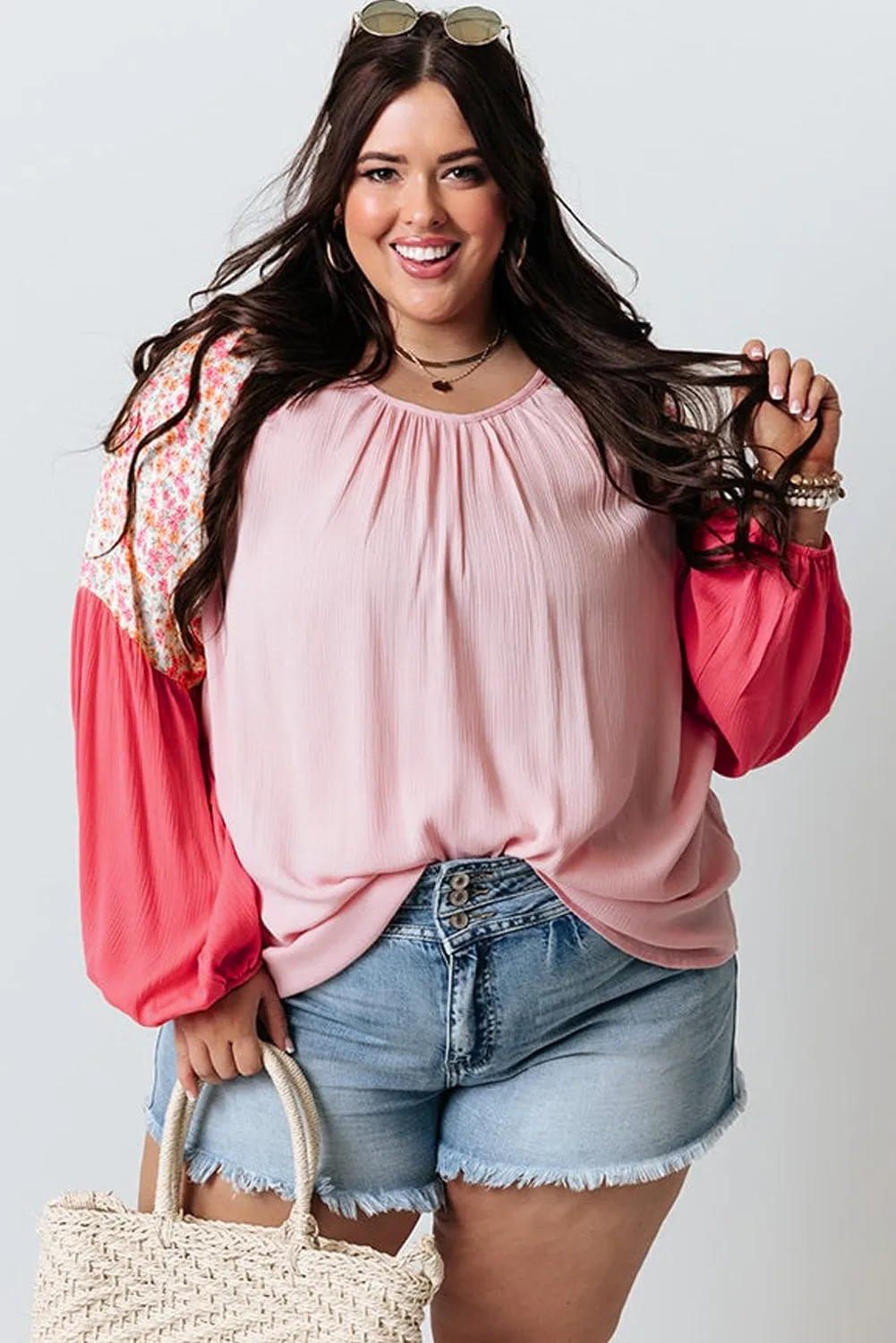 Floral Patchwork Long Sleeve Crinkle Plus Size Blouse