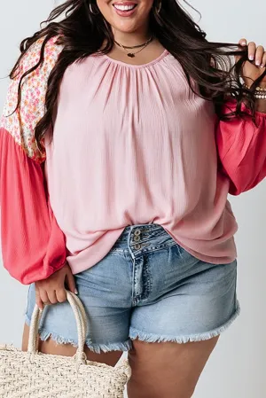 Floral Patchwork Long Sleeve Crinkle Plus Size Blouse