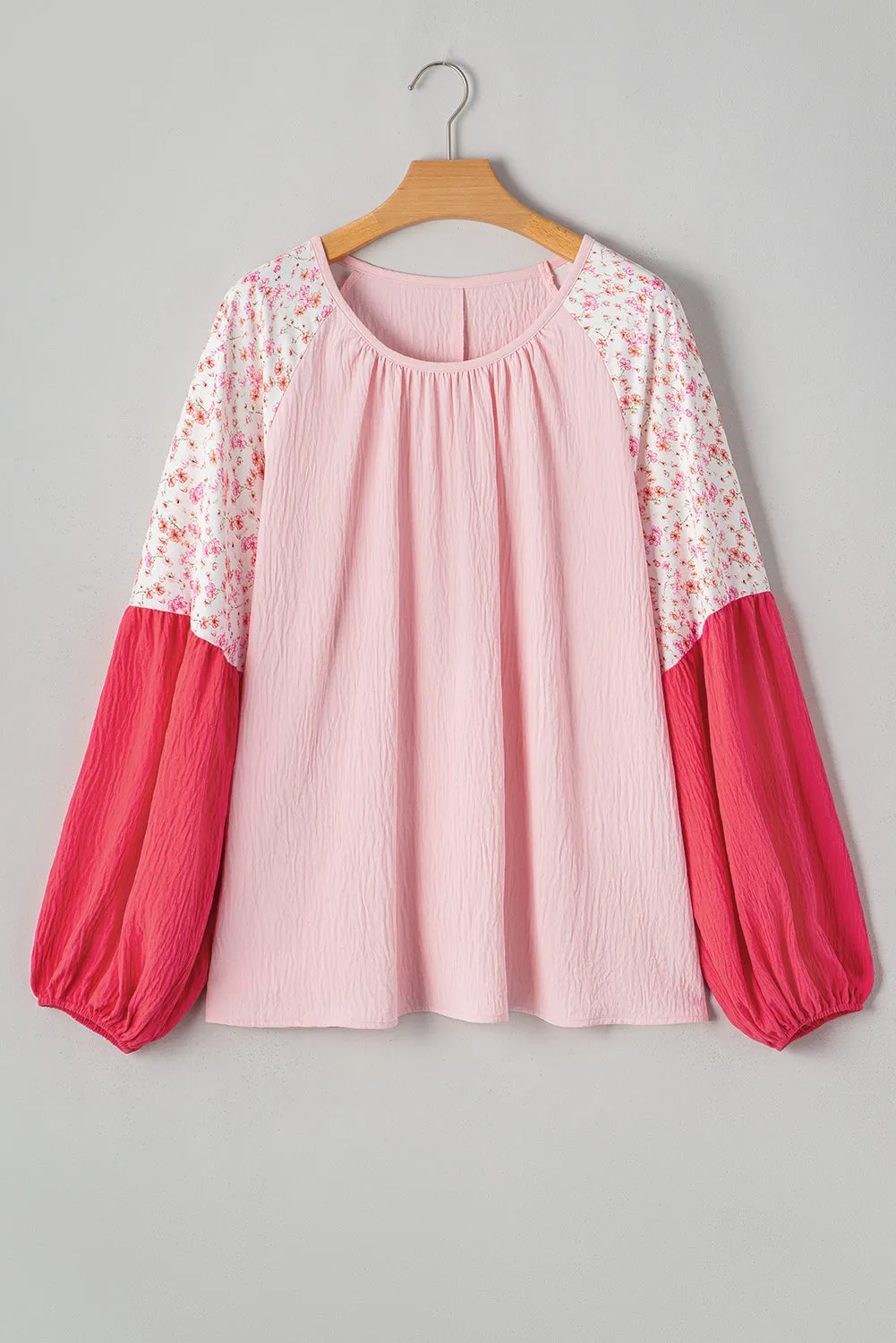 Floral Patchwork Long Sleeve Crinkle Plus Size Blouse