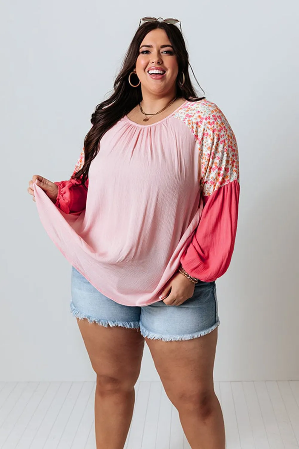 Floral Patchwork Long Sleeve Crinkle Plus Size Blouse