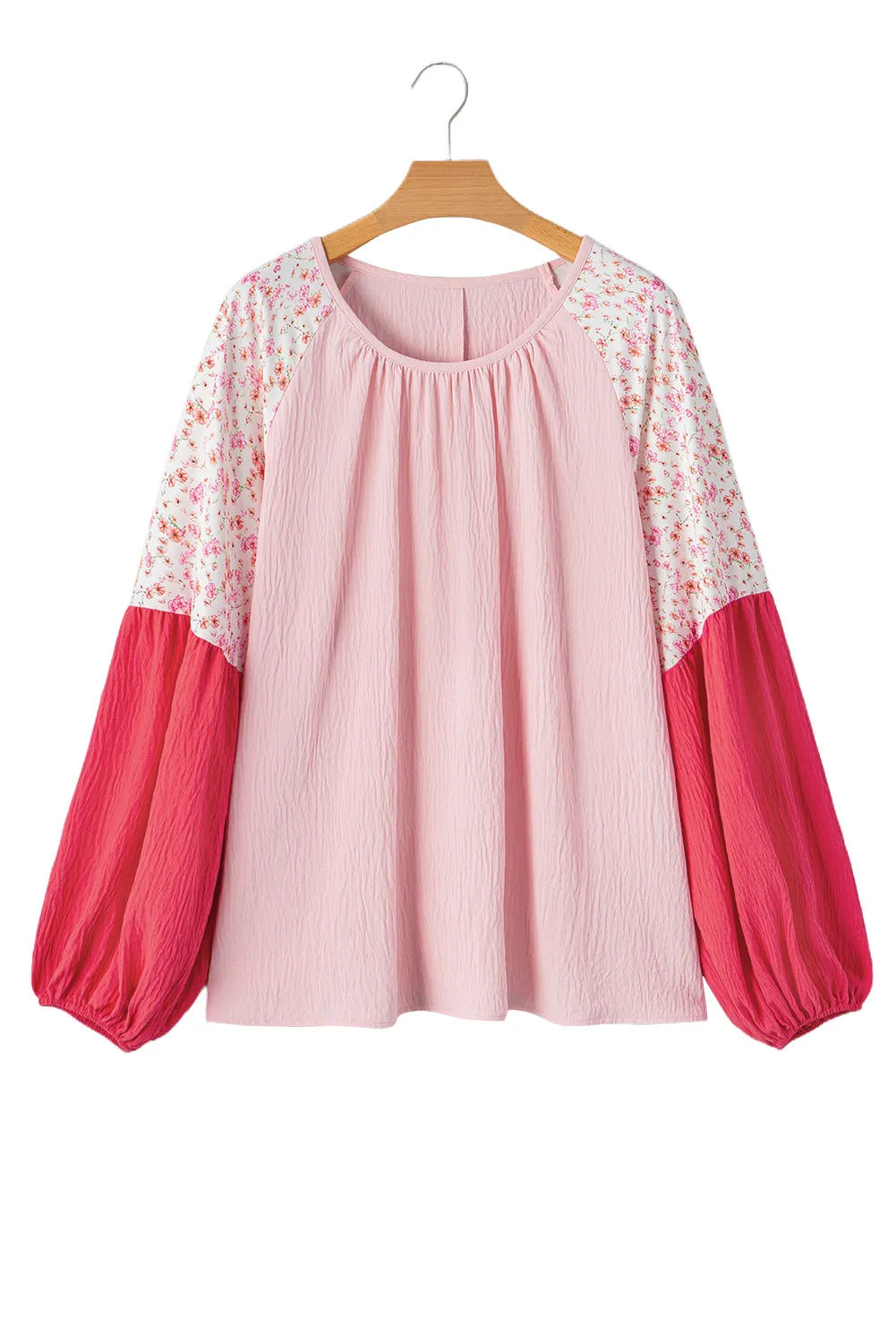 Floral Patchwork Long Sleeve Crinkle Plus Size Blouse