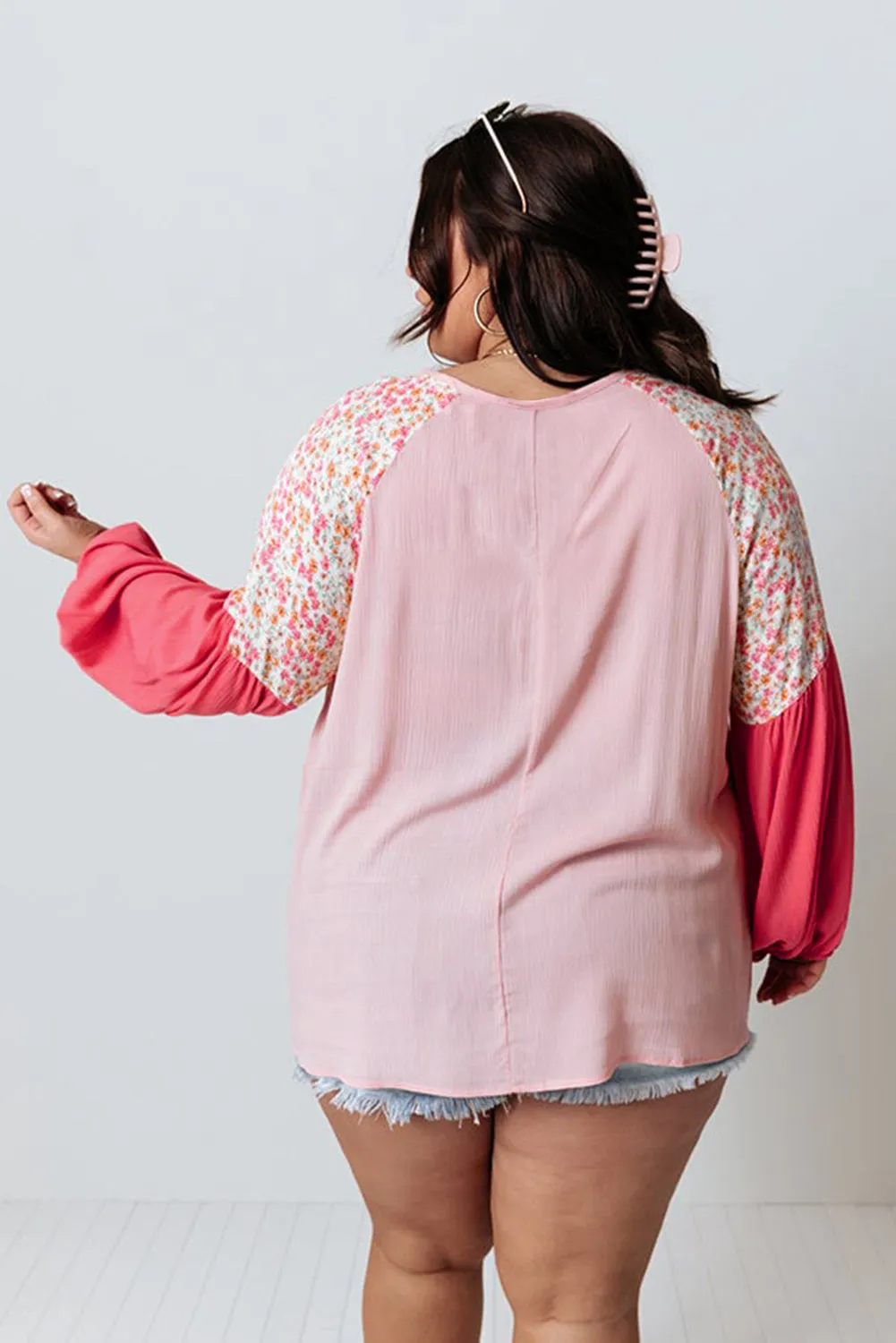 Floral Patchwork Long Sleeve Crinkle Plus Size Blouse