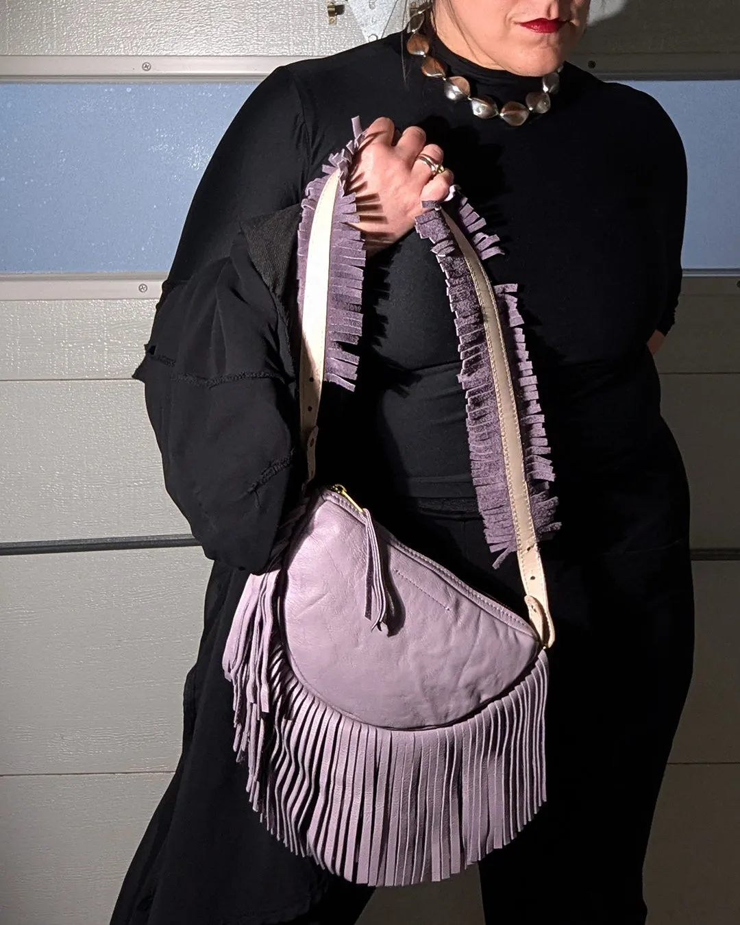 Fringe Mini Slice Shoulder Bag with Fringe Strap