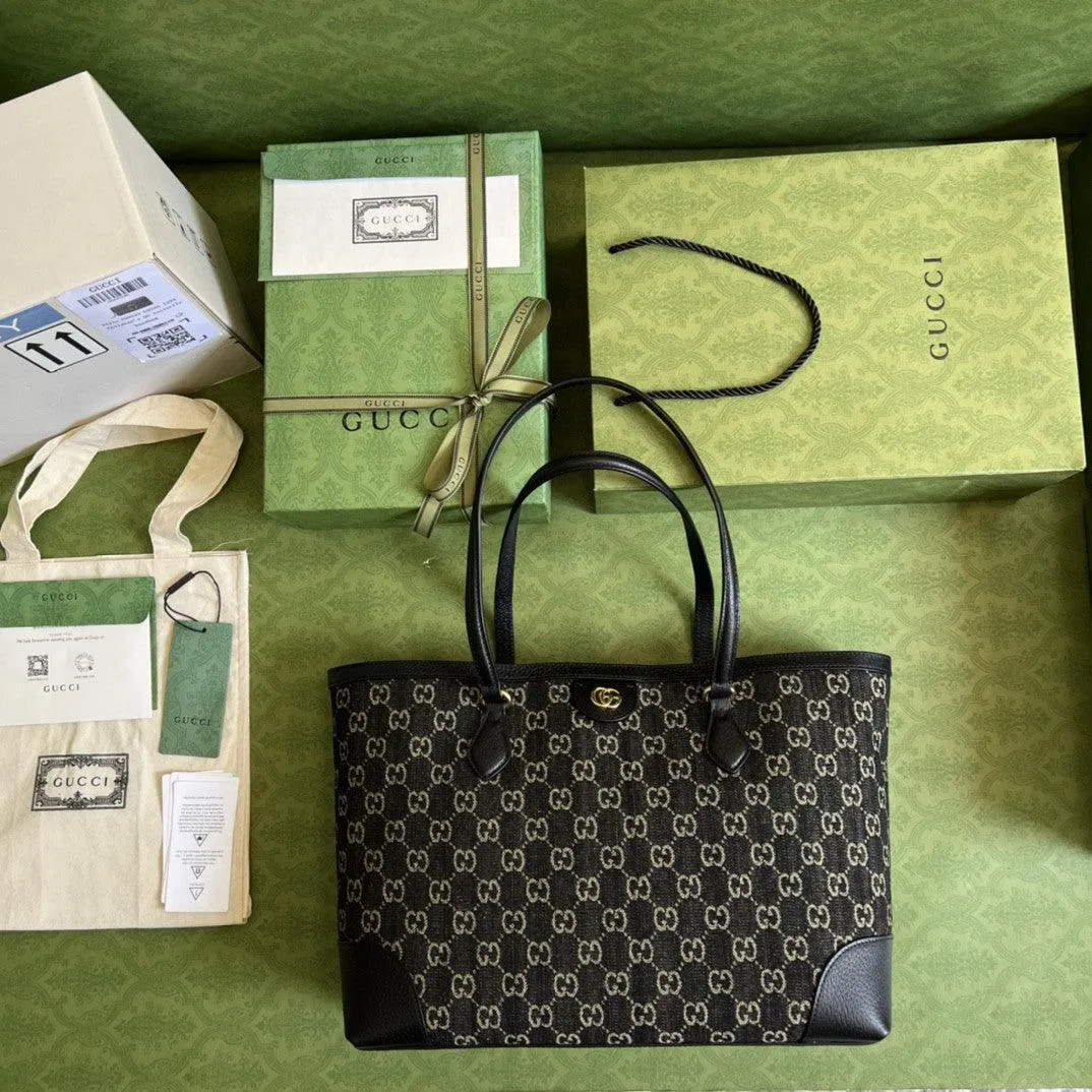gg Ophidia Medium Tote With Web Black And Ivory gg Denim Jacquard For Women 15in/38cm 631685 UN3BG 1274