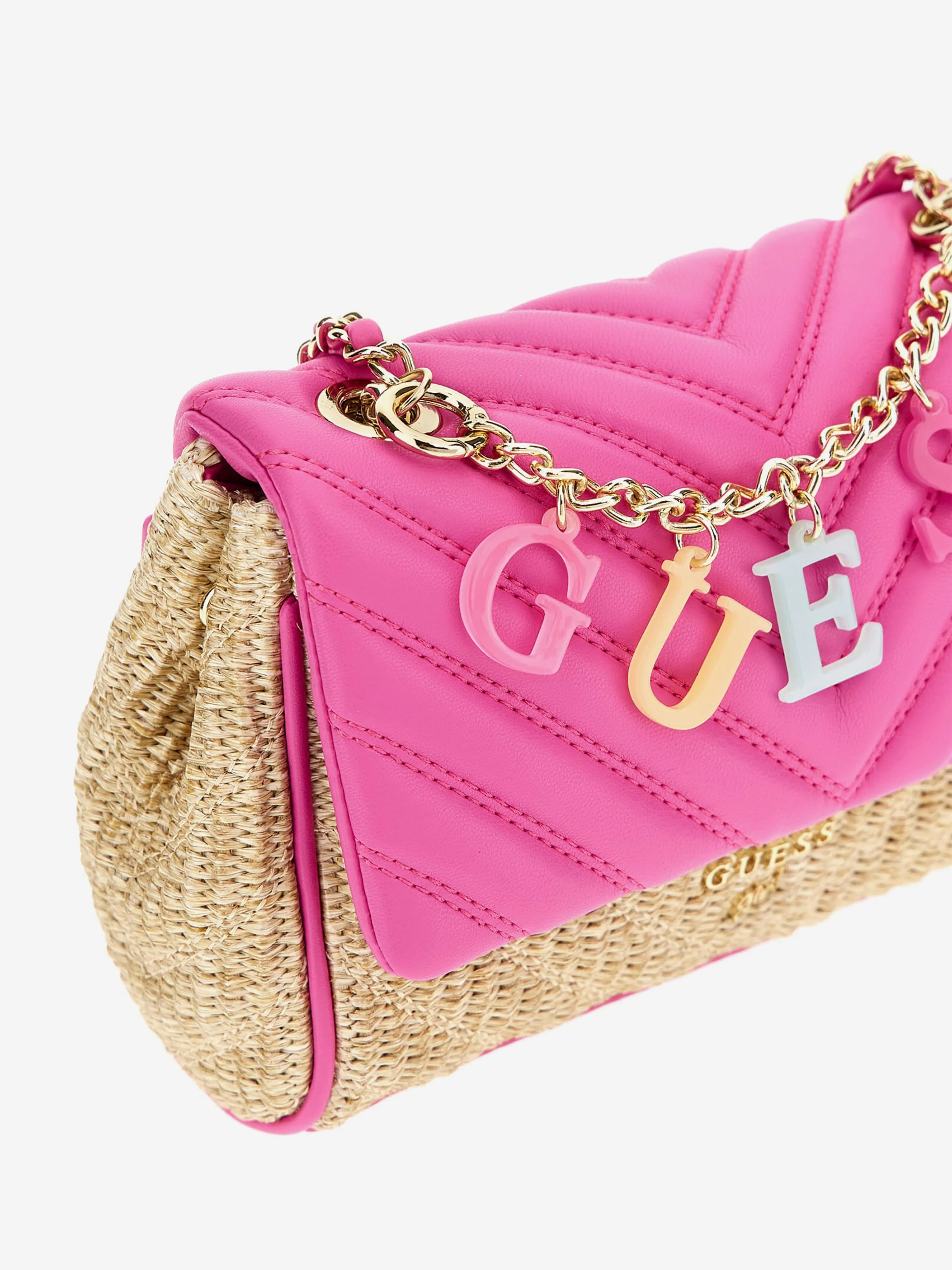 Girls Straw Crossbody Flap Bag in Pink