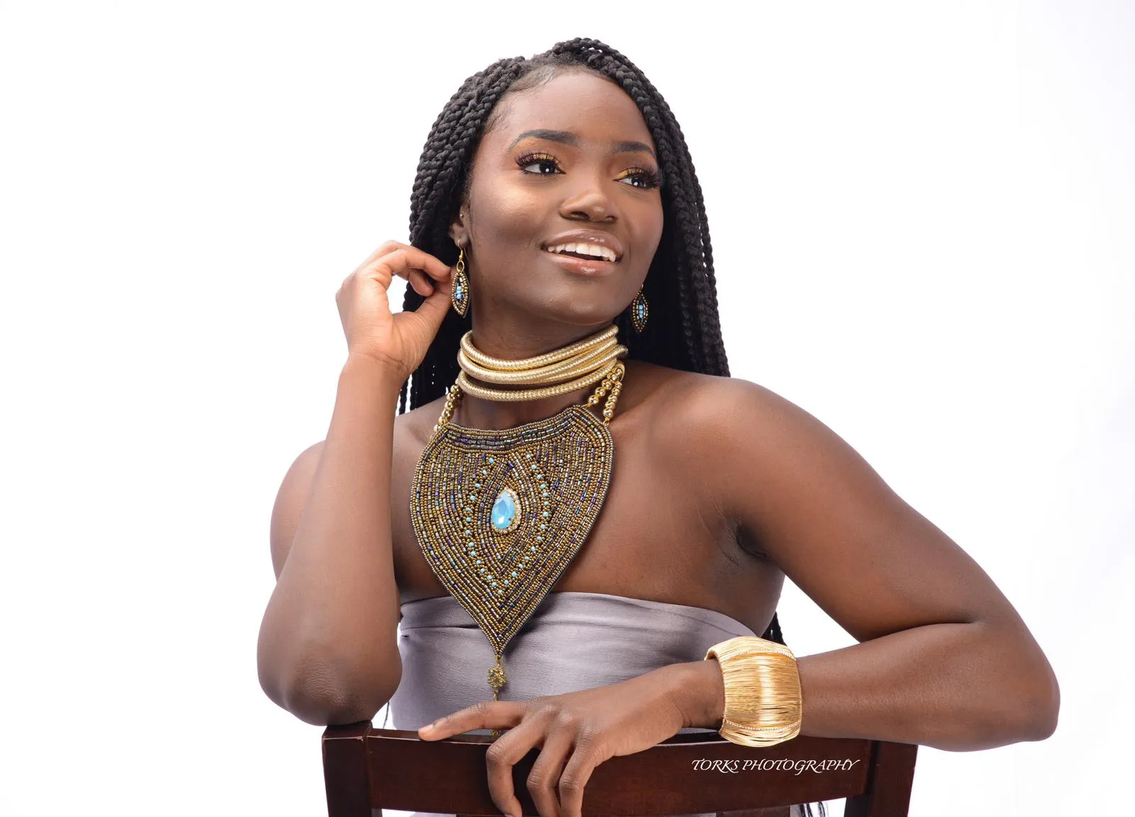 Gold Beaded Bib Necklaces Set with Rhinestones and Tassel