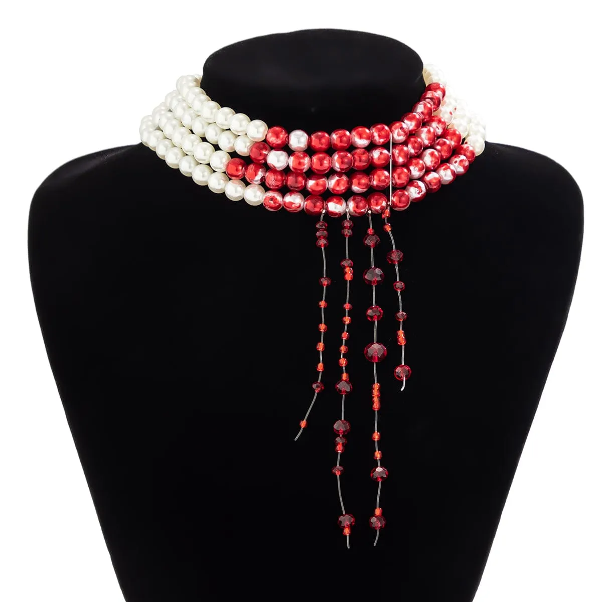 Gothic Layered Blood Rhinestone Tassel Pearl Chain Choker Necklace
