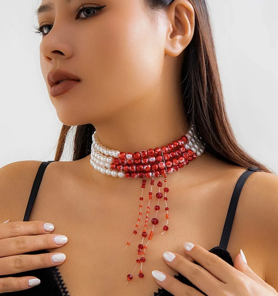 Gothic Layered Blood Rhinestone Tassel Pearl Chain Choker Necklace