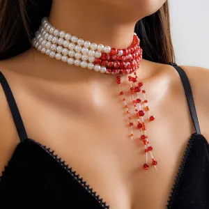 Gothic Layered Blood Rhinestone Tassel Pearl Chain Choker Necklace