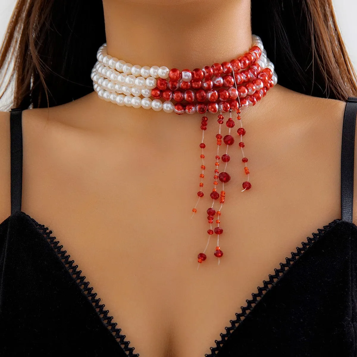 Gothic Layered Blood Rhinestone Tassel Pearl Chain Choker Necklace