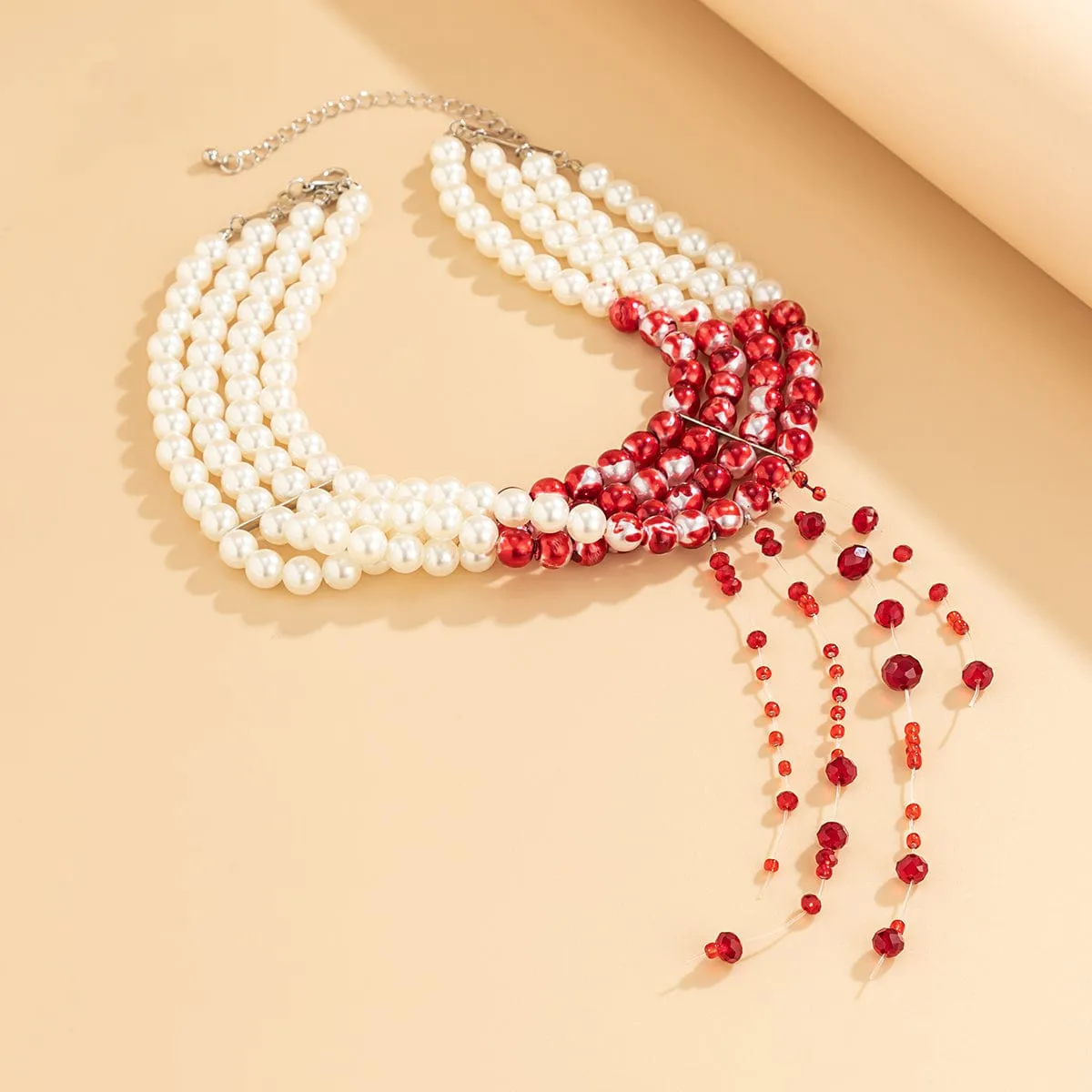 Gothic Layered Blood Rhinestone Tassel Pearl Chain Choker Necklace
