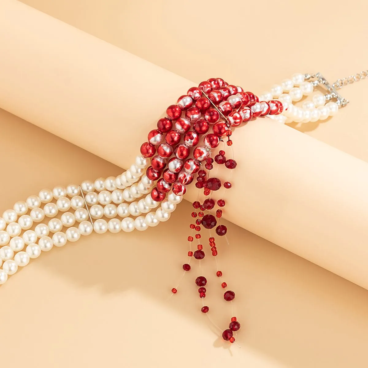 Gothic Layered Blood Rhinestone Tassel Pearl Chain Choker Necklace