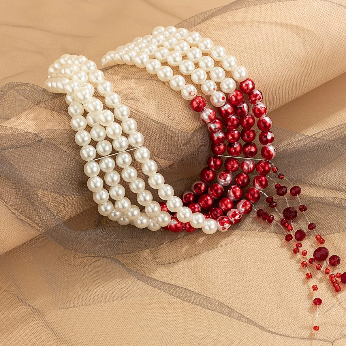 Gothic Layered Blood Rhinestone Tassel Pearl Chain Choker Necklace