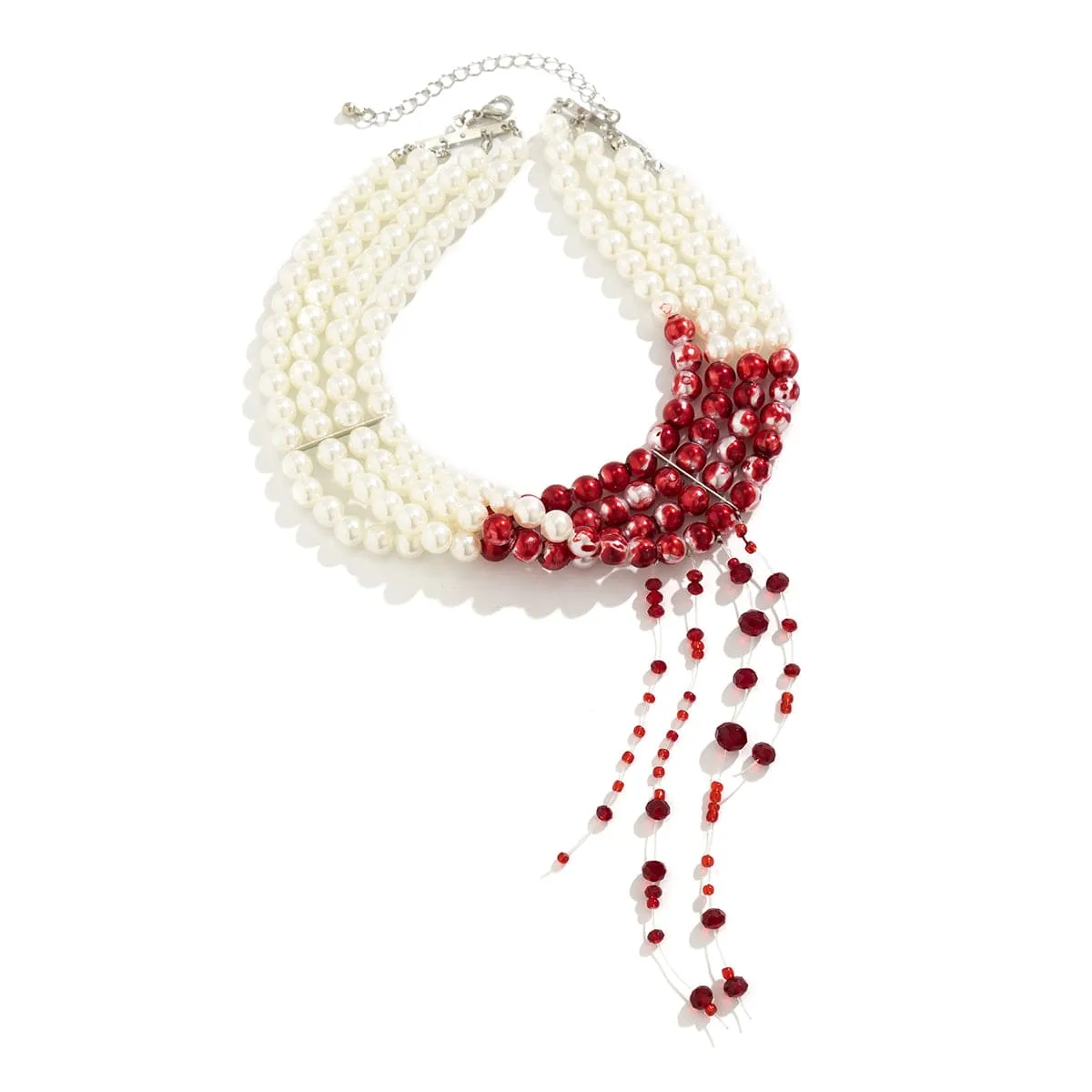 Gothic Layered Blood Rhinestone Tassel Pearl Chain Choker Necklace