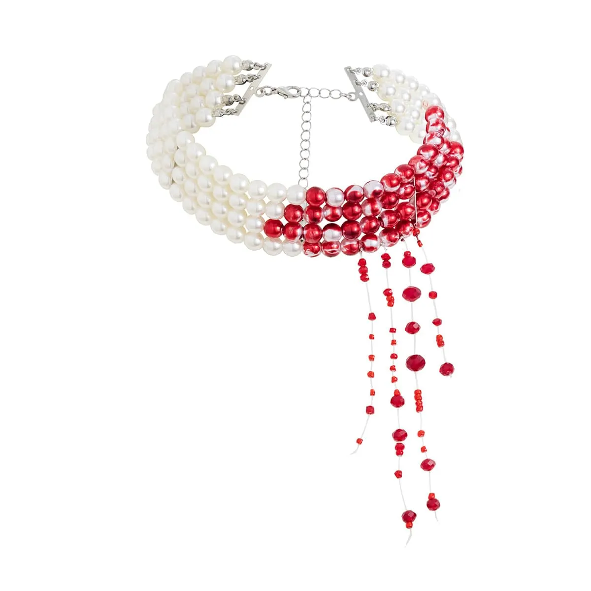Gothic Layered Blood Rhinestone Tassel Pearl Chain Choker Necklace