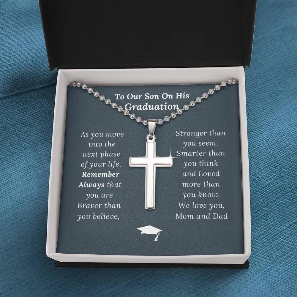Graduation Gift for Son Love Mom & Dad - Artisan Crafted Cross Necklace - Ball Chain