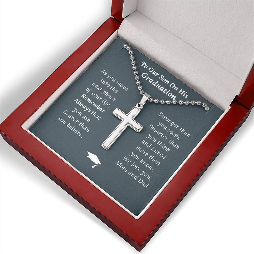 Graduation Gift for Son Love Mom & Dad - Artisan Crafted Cross Necklace - Ball Chain