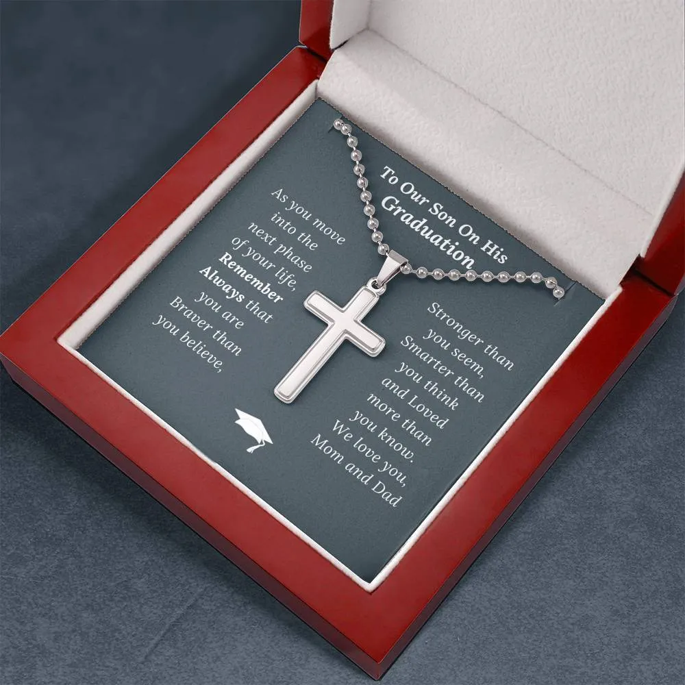 Graduation Gift for Son Love Mom & Dad - Artisan Crafted Cross Necklace - Ball Chain