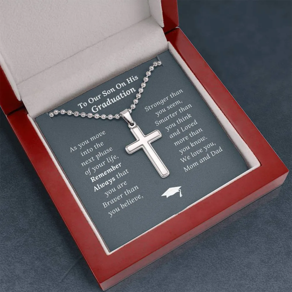Graduation Gift for Son Love Mom & Dad - Artisan Crafted Cross Necklace - Ball Chain