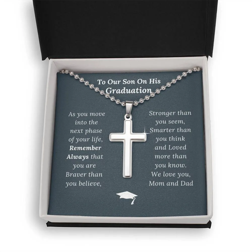 Graduation Gift for Son Love Mom & Dad - Artisan Crafted Cross Necklace - Ball Chain