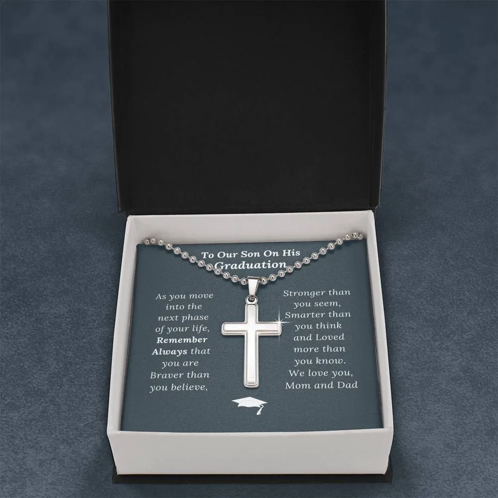 Graduation Gift for Son Love Mom & Dad - Artisan Crafted Cross Necklace - Ball Chain