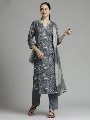 Grey Ethnic Printed Kurta Set With Tie-Dye Dupatta