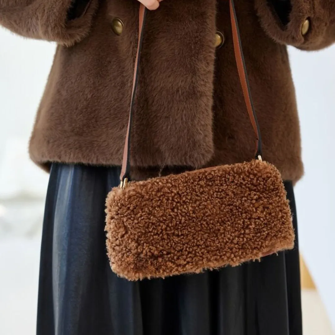 Grey Faux Shearling Handbag