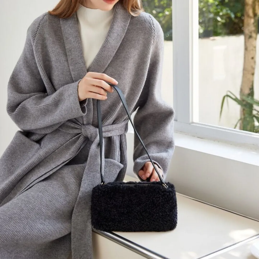 Grey Faux Shearling Handbag