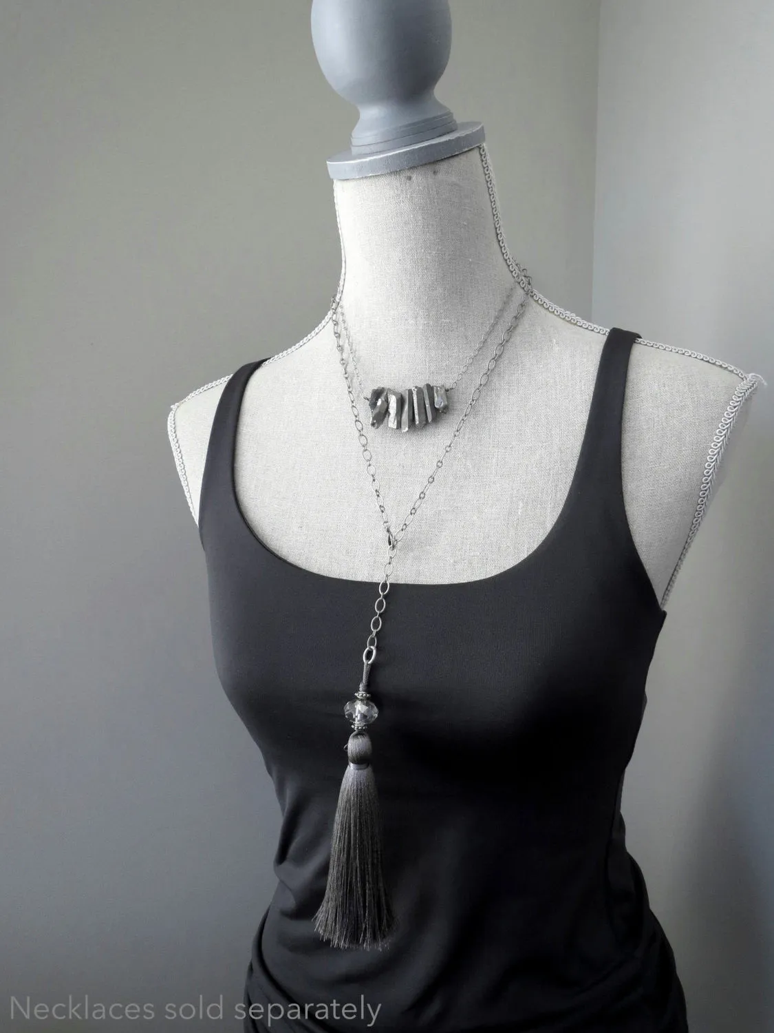 Grey Silk Tassel Necklace with  Crystal