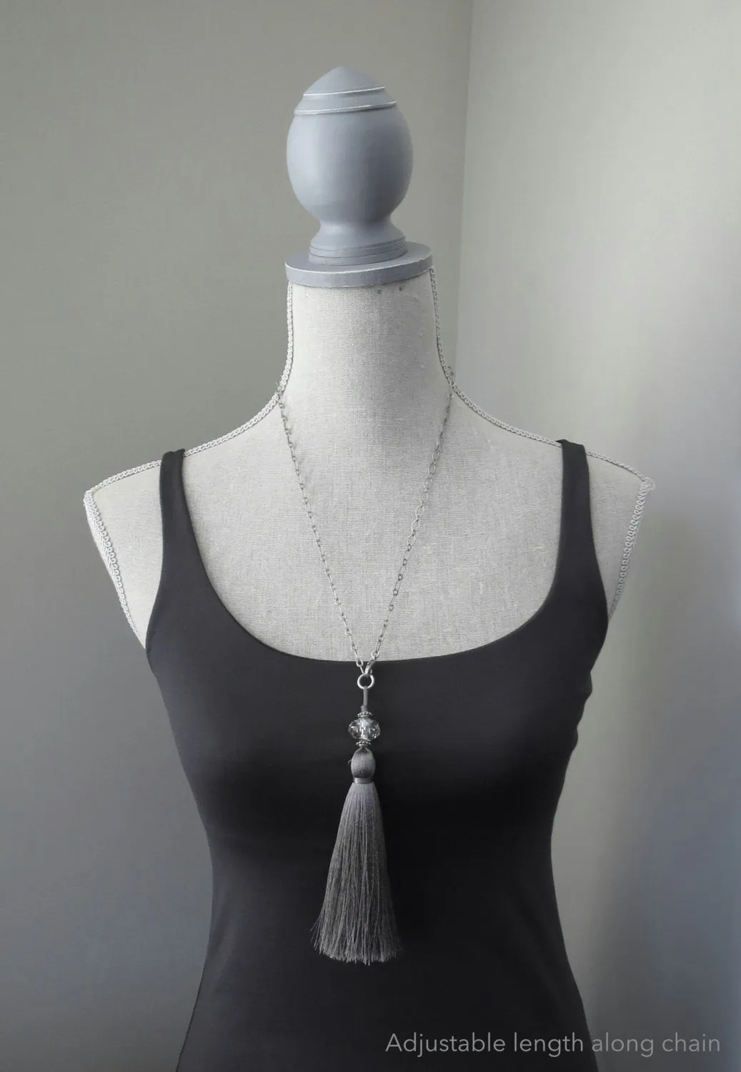 Grey Silk Tassel Necklace with  Crystal
