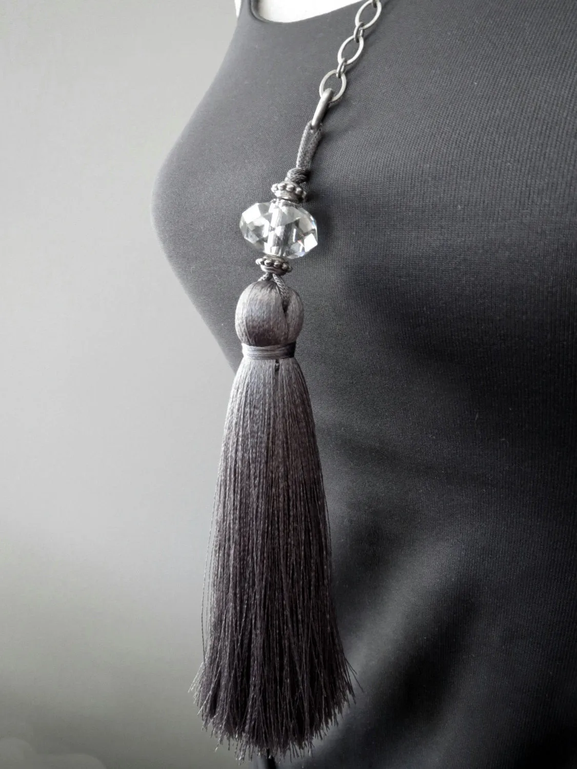 Grey Silk Tassel Necklace with  Crystal