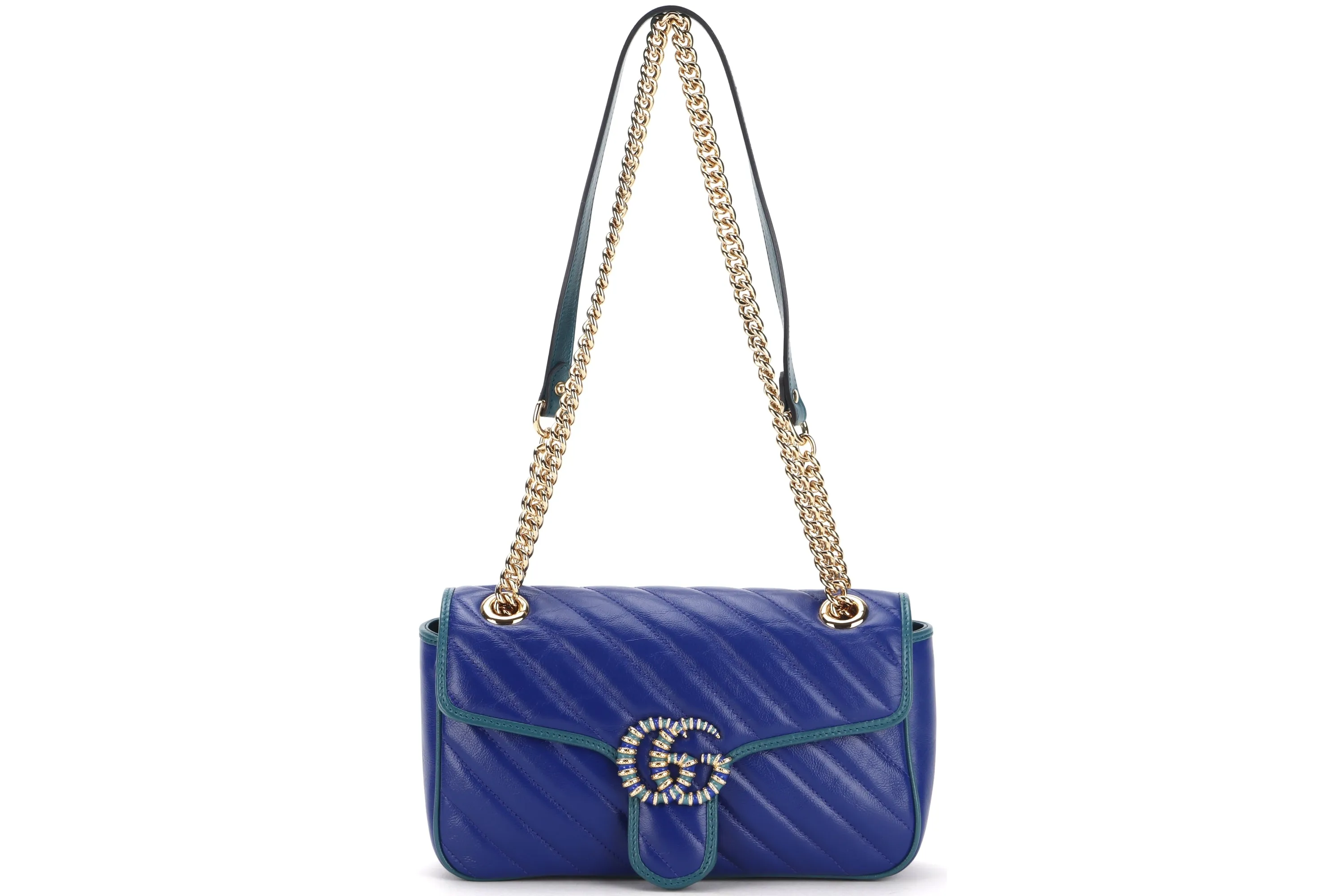 GUCCI 443497 520981 BLUE MARMONT GREEN TRIM GOLD HARDWARE, WITH DUST COVER