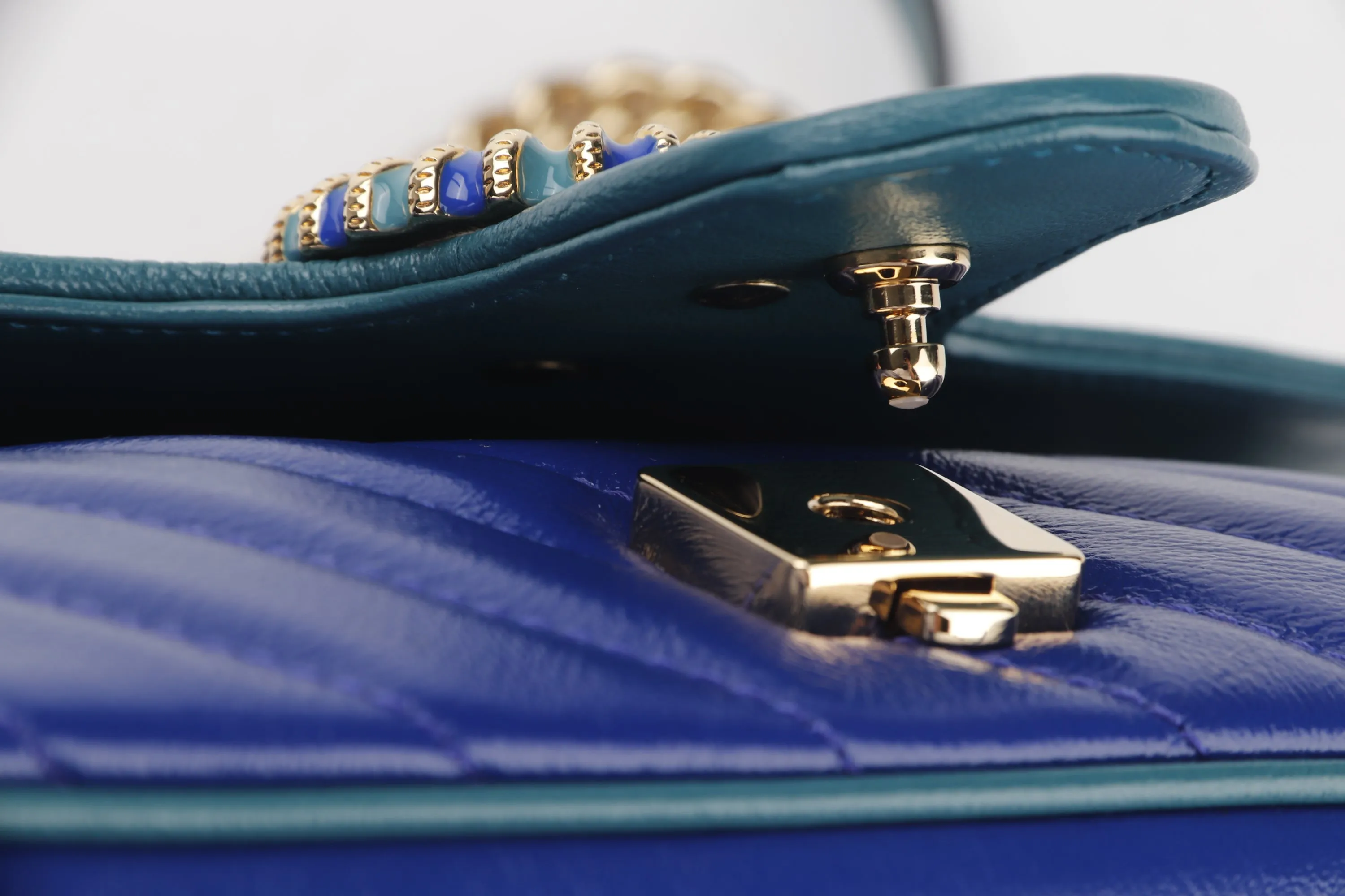 GUCCI 443497 520981 BLUE MARMONT GREEN TRIM GOLD HARDWARE, WITH DUST COVER