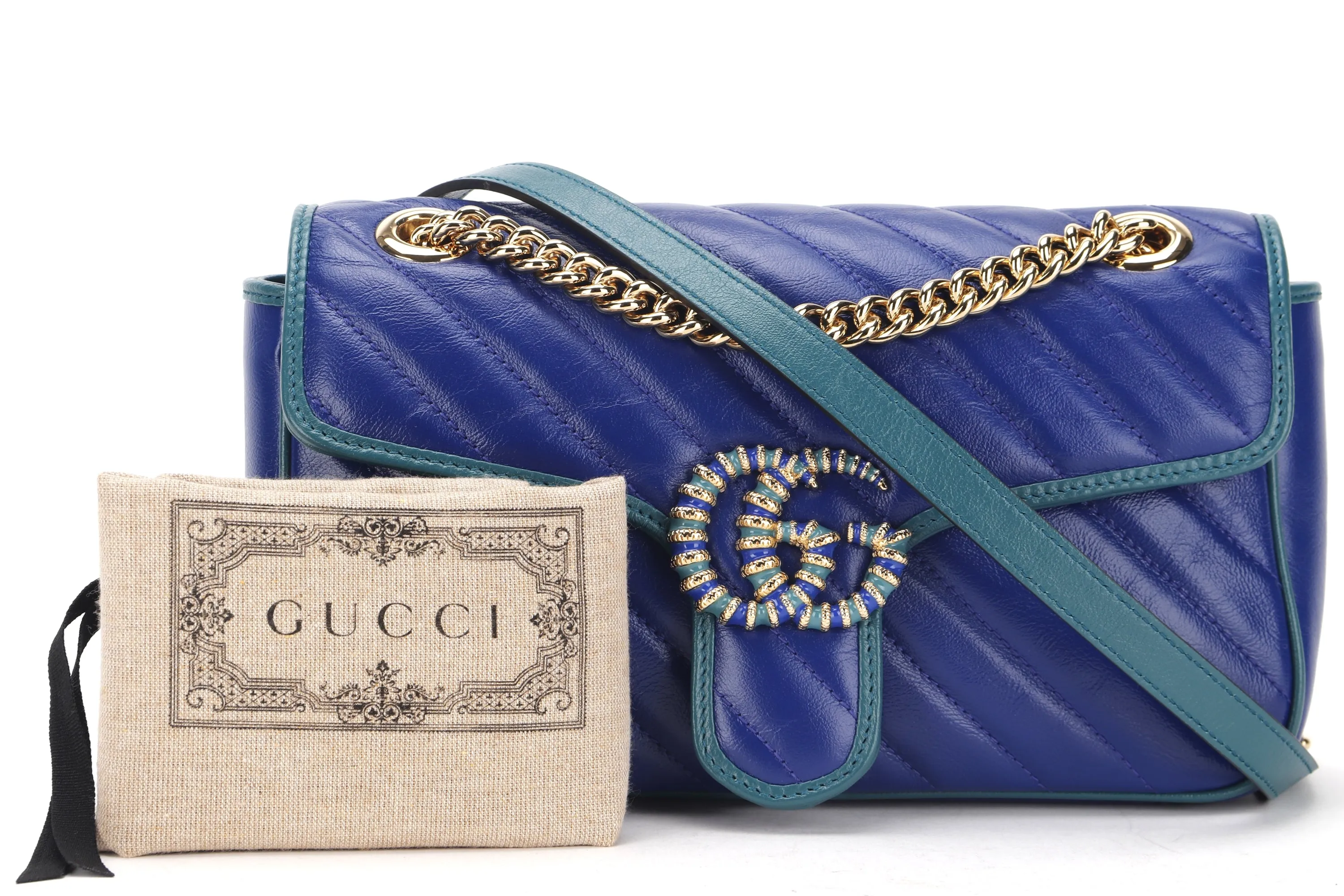 GUCCI 443497 520981 BLUE MARMONT GREEN TRIM GOLD HARDWARE, WITH DUST COVER