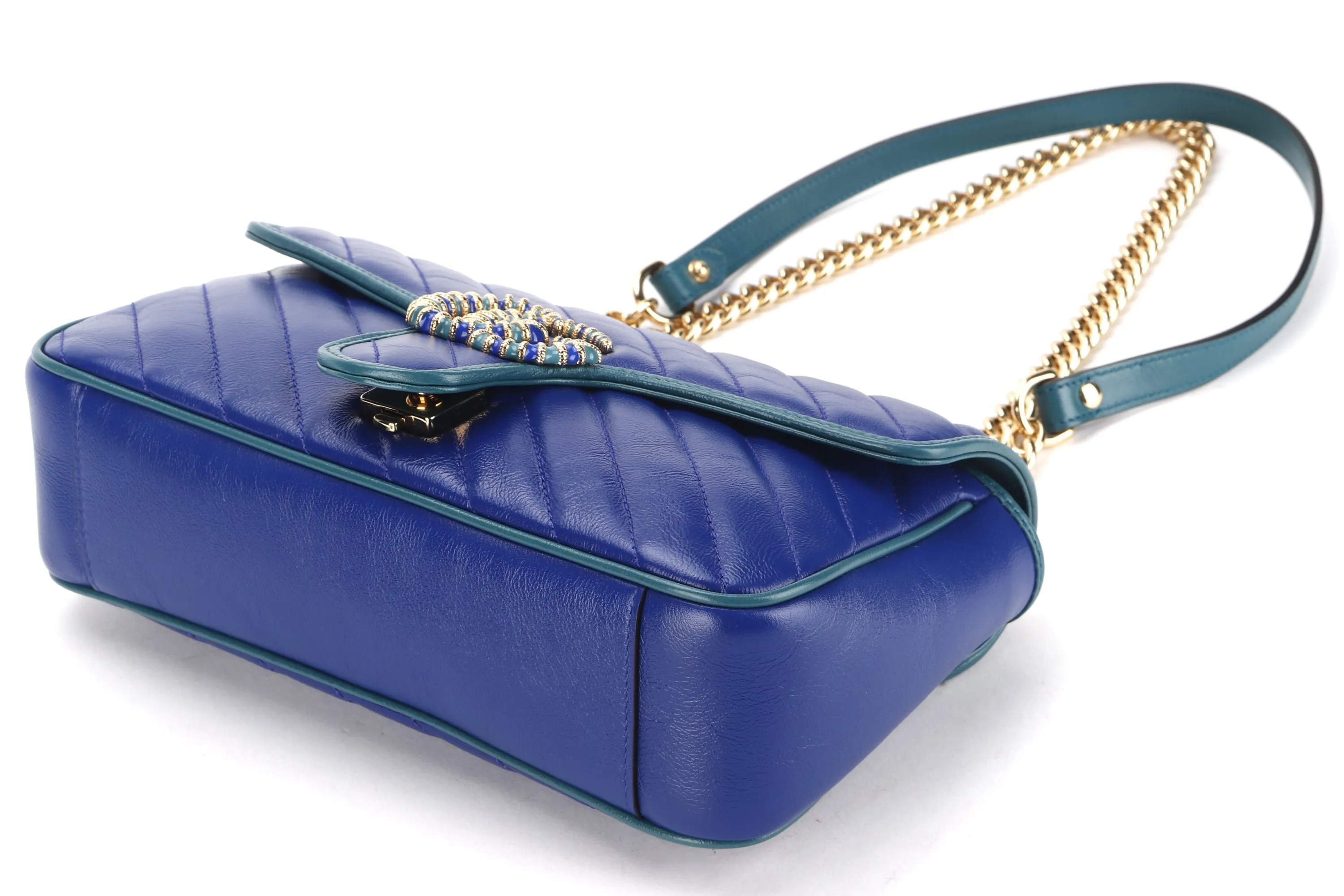 GUCCI 443497 520981 BLUE MARMONT GREEN TRIM GOLD HARDWARE, WITH DUST COVER