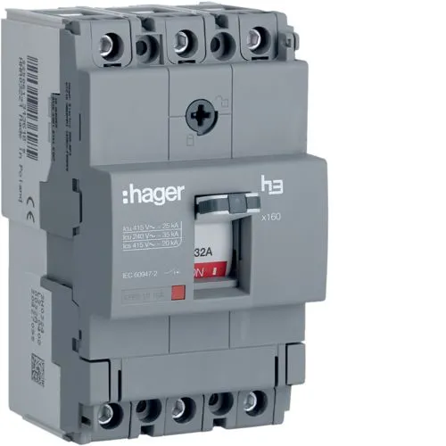 Hager HHA032Z 32A 25kA Triple Pole Fixed Thermal TM MCCB h3 x160