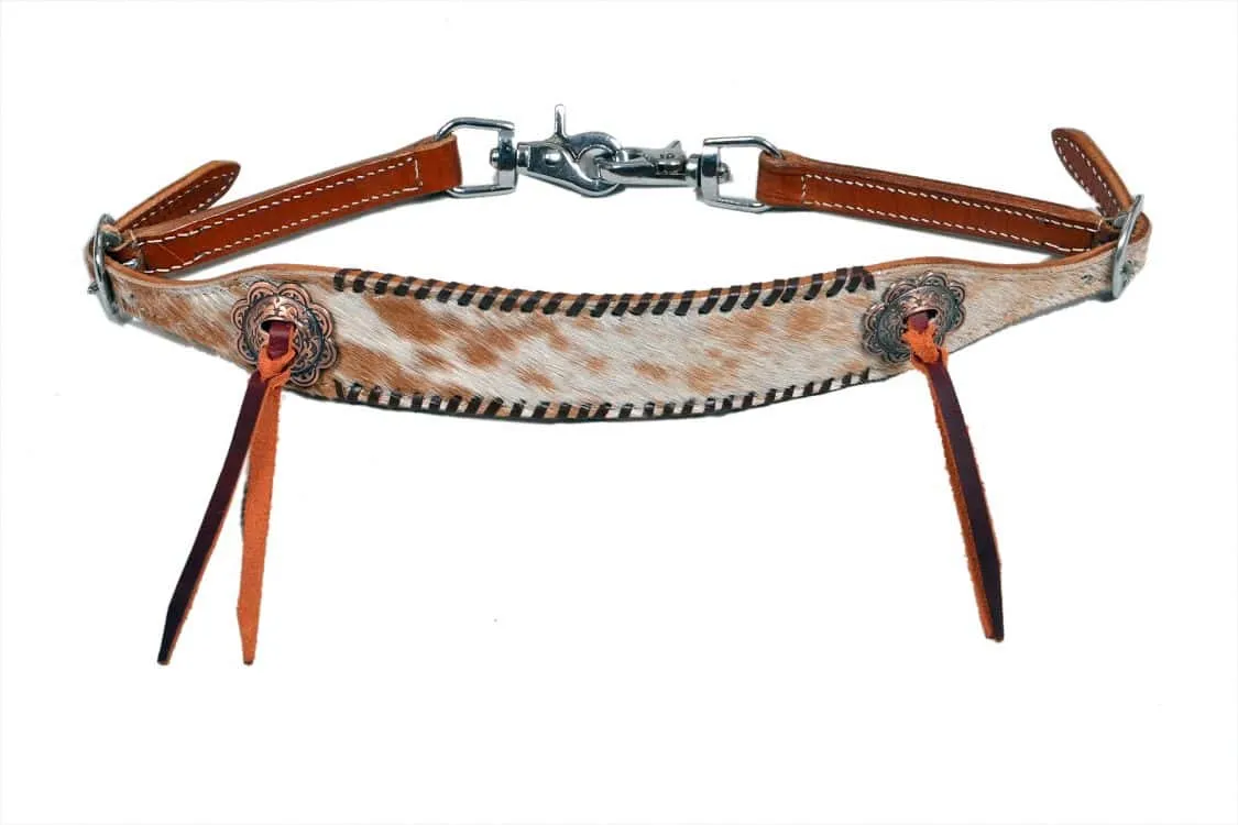 Hair on cowhide Leather wither strap with black rawhide lacing