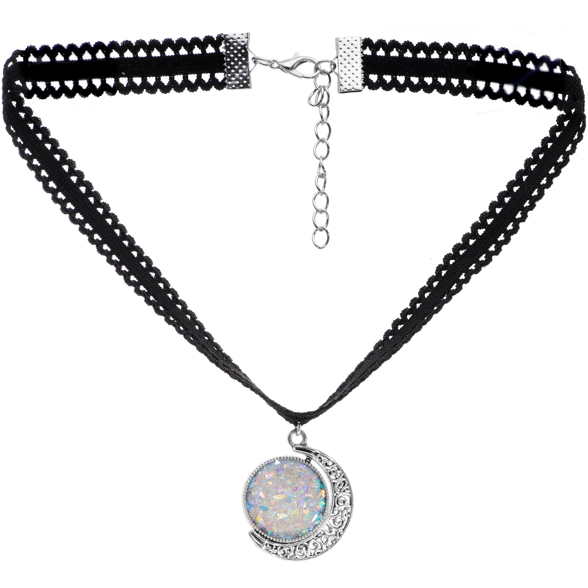 Handcrafted Black White Two Sided Faux Opal Moon Choker Necklace