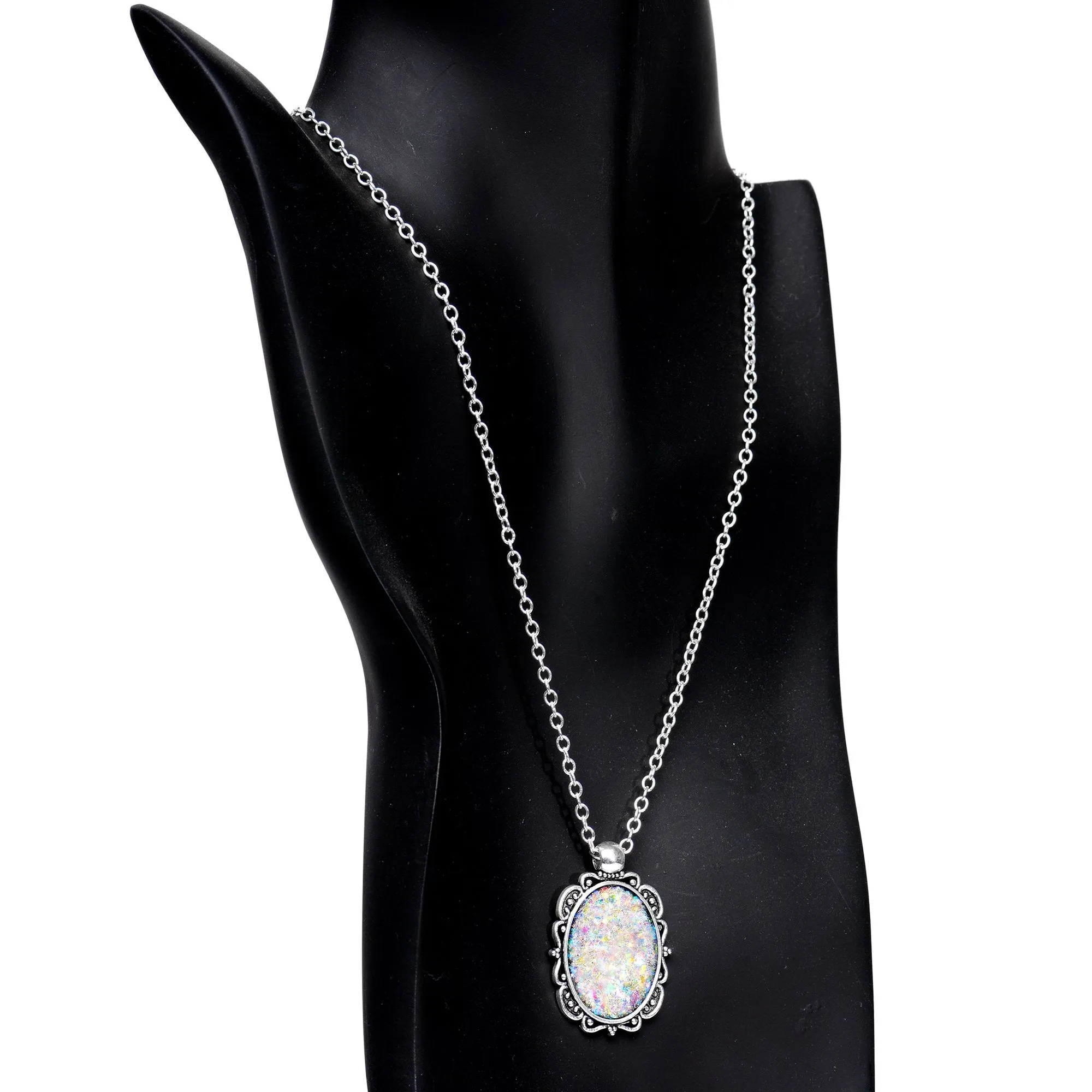 Handcrafted White Faux Opal Splash Silver Plated Chain Necklace