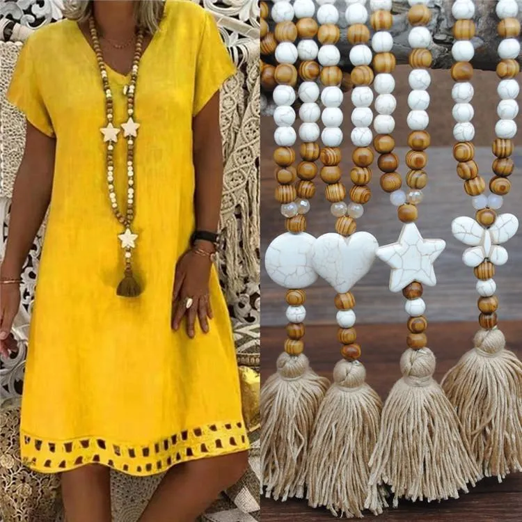Handmade Wooden Beads Long Necklace & Pendant - Butterfly Shape with Brown Tassel