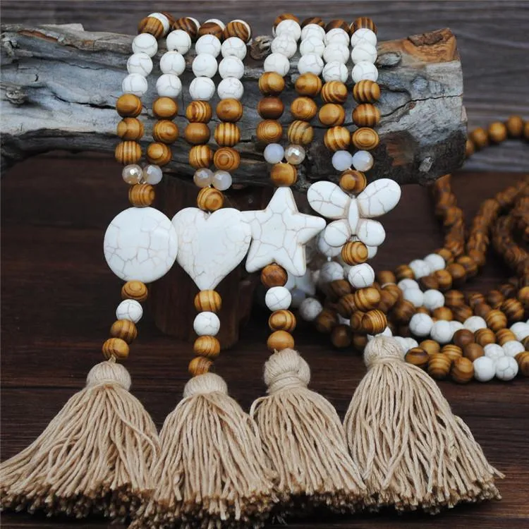 Handmade Wooden Beads Long Necklace & Pendant - Butterfly Shape with Brown Tassel