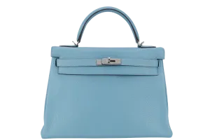 HERMES KELLY 32 BLUE ATOLL CLEMENCE SILVER HARDWARE STAMP X (YEAR 2016) WITH KEYS&LOCK, STRAPS, DUST COVER AND BOX