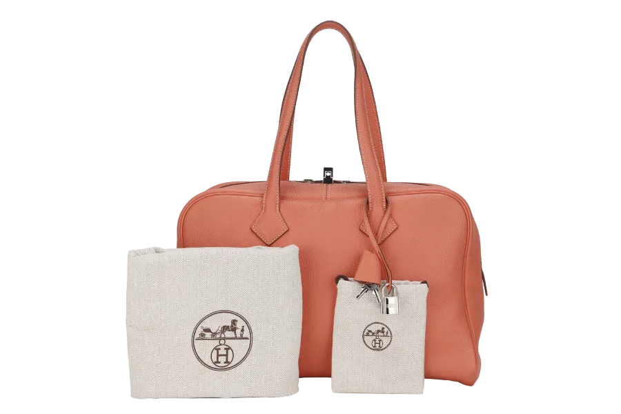 HERMES VICTORIA II 35 (STAMP Q) CREVETTE COLOR CLEMENCE LEATHER SILVER HARDWARE WITH KEYS&LOCK& DUST COVER